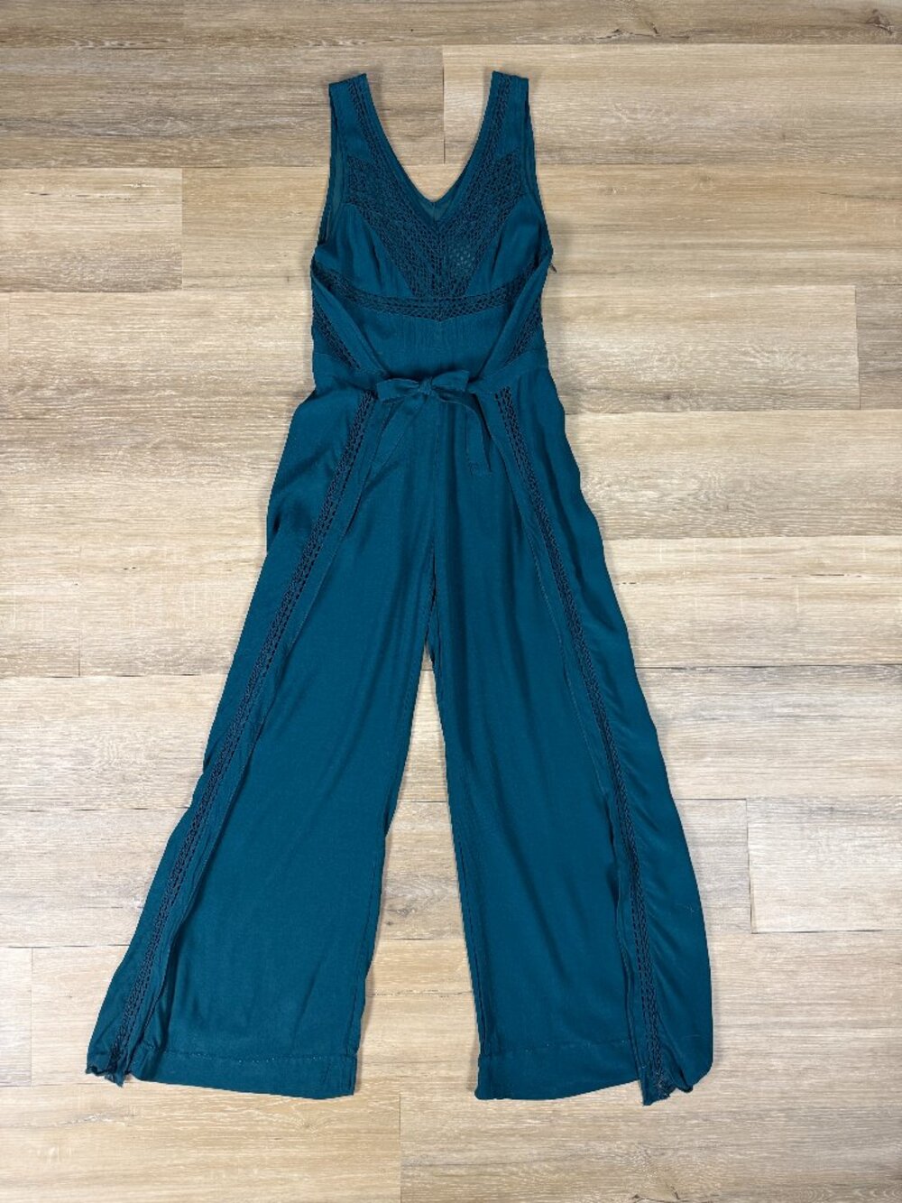 Elevenses Anthropologie Dark Turquoise Sabine Crochet Trim Wide Leg Jumpsuit | 0 - Picture 2 of 7